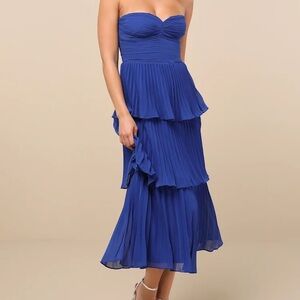 Lulus Seriously Sensational Cobalt Blue Strapless Tiered Midi Dress medium